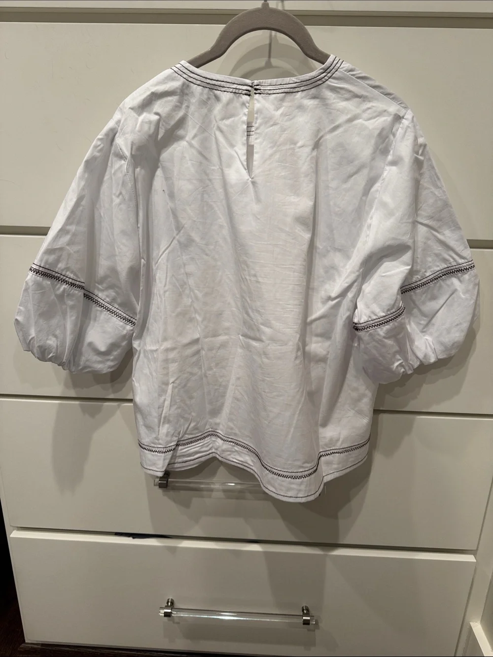 Zara Women's White balloon Sleeve Blouse - Elegant brown Embroidered Trim